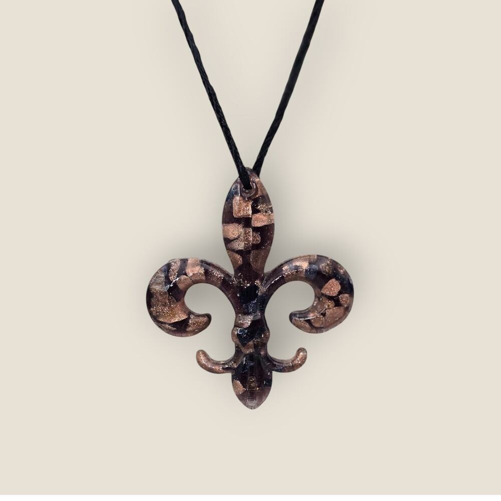 Fleur-de-Lis Brown Mosaic Pendant Necklace - Copper and Black Accents